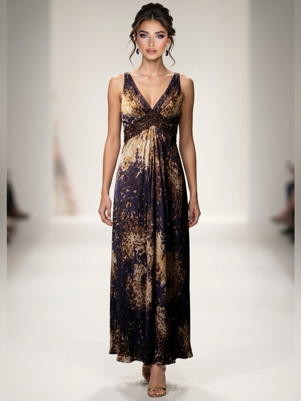 THEIA COUTURE SEQUIN V-NECK PURPLE GOLD BROWN SILK EVENING EVENT PROM GOWN 10 - Picture 3 of 10